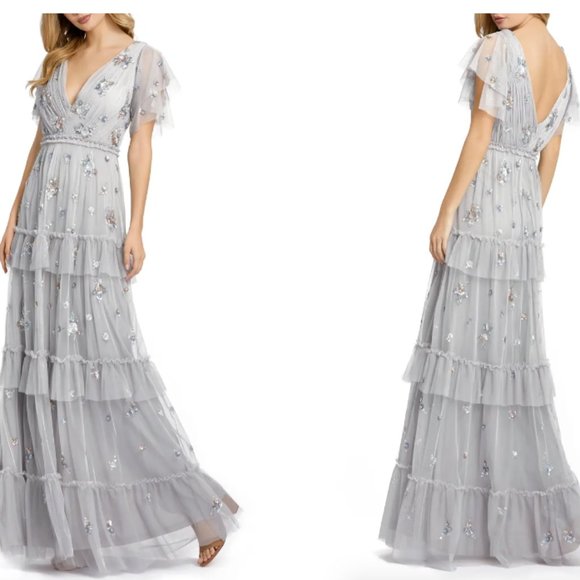MAC DUGGAL SEQUIN TIERED FLUTTER SLEEVE PLATINUM GOWN sz 8 - Picture 4 of 4
